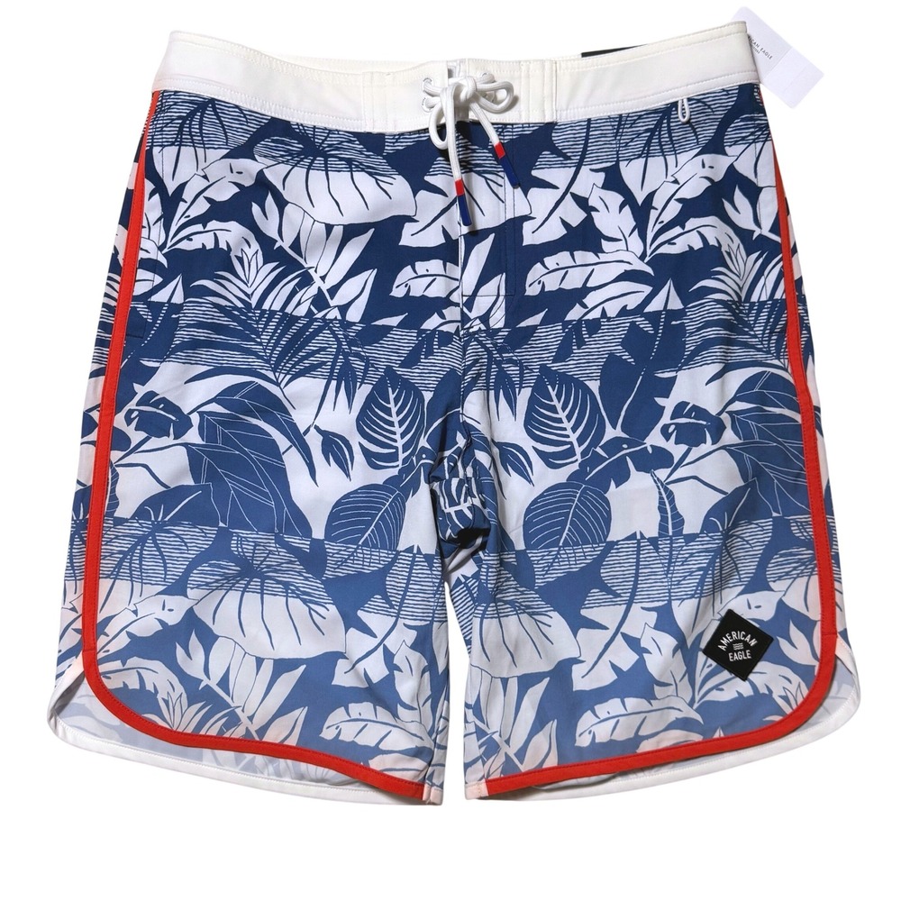 American Eagle Blue White Tropical Boardshorts Medium Lace Up Swim Trunks - New